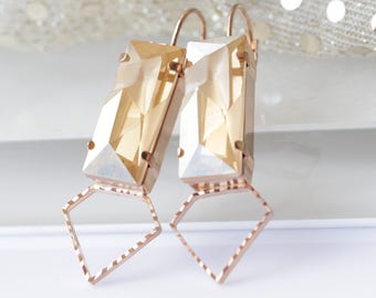Champagne Crystal Rectangle Drop Earrings, Topaz Earrings