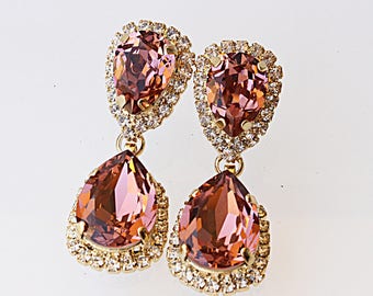 Pink Crystal Chandelier Earrings, Rose Gold Bridal Jewelry