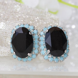 SCHWARZE KRISTALL OHRSTECKER, Glänzende Schwarze Ohrringe, Türkis, Silber Schwarze Ohrringe, Geschenk für Sie, Kristall Ohrringe, Schwarz Blaue Ohrringe