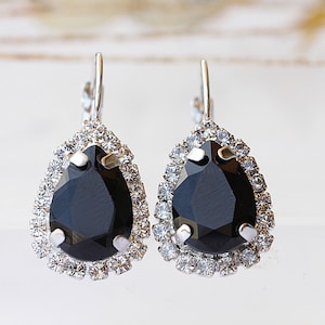 BLACK DROP EARRINGS, Teardrop Earrings, Evening Earrings,  Jet Earrings, Rhinestone Earrings, Halloween Earrings, Black And Silver