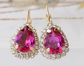 Fuchsia Teardrop Earrings: Hot Pink Bridal Crystal Dangle