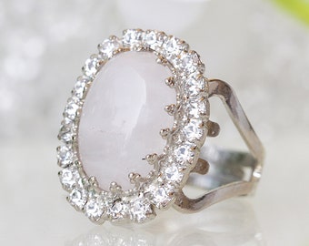 Rose Quartz Cabochon Ring, Silver Plated, Adjustable