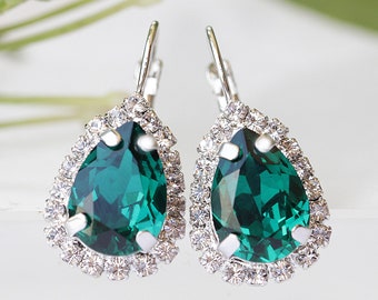 EMERALD DROPS, May Emerald , Dark Green Leverback Earrings,  Emerald Wedding Jewelry, Emerald Bridal Earrings, Rhinestone Earrings