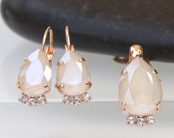 Ivory Crystal Jewelry Set, Gold Plated Necklace and Earrings