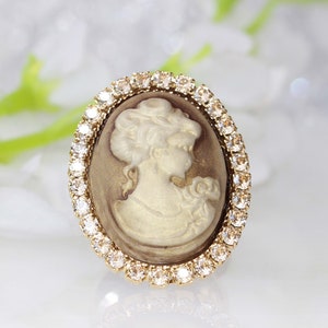 CAMEO RING, Vintage Looking Jewelry, Art Deco Cameo Ring, Antique Champagne  Ring,brown Cameo Ring, Gold Plated Ring,Gift For Wife