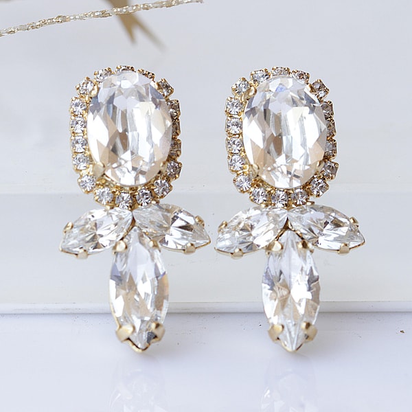Bridal earrings for wedding day, Wedding jewelry for bride, Bridesmaid earrings, Clear crystal  earrings, Stud cluster earrings.