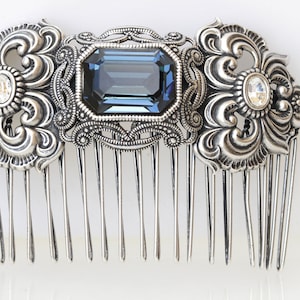 Navy Blue SILVER HAIR Comb, Filigree Hair Comb, Ethnic Hair Jewelry, Wedding Hair Comb, Antique Style Hair Comb, Dark Blue Topaz Accessories