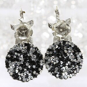 Black And Silver Earrings, Flower Dangle Earrings, Earrings , Crystal Rock, Mother Of Brides Jewelry, Glitter Evening Earrings