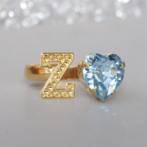ANILLO AZUL AGUAMARINA, Anillo de novia personalizado, Anillo de carta personalizado, Anillo, Anillo inicial, Anillo de novia, Anillo de día de San Valentín, Anillo de adolescente