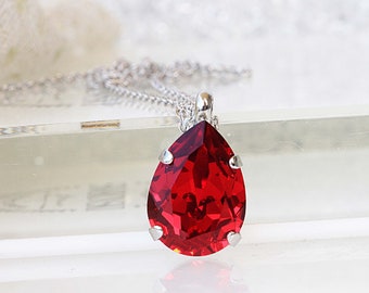 Red Crystal Teardrop Necklace, Sterling Silver Bridal Pendant