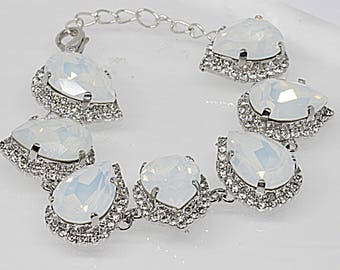White Opal Crystal Bracelet, Wedding  Bridal Jewelry