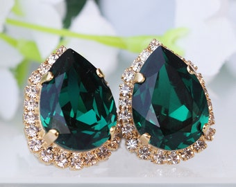 Emerald Clip on Earrings, Emerald Wedding Non Pierced Earrings, Dark Green Teardrop Earrings, Clip ons Studs,  Bridesmaid Clip on