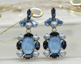 AQUA BLUE EARRINGS, Rhinestone Earrings, Navy Blue Earrings, Bling Earrings, Blue Pearl Earrings, Blue  Earrings, Bridal Earrings