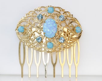 BLUE OPAL HAIR Comb, Bridal Hair Comb, Rhinestone Hair Comb, Lab Opal Accessories ,Turquoise  ,Wedding Hair Piece,Vintage Hair Comb