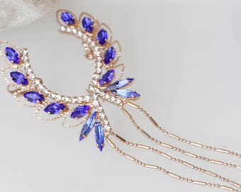 Sapphire Ear Cuff Climber Earrings: Bridal Tassel Jewelry