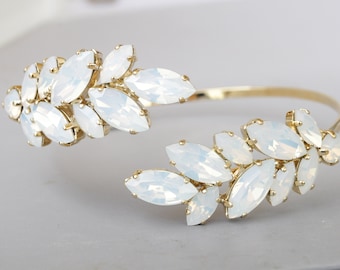 White Opal Crystal Bridal Cuff Bracelet,  Adjustable Leaves Bracelet,