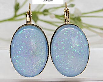 Opal jewelry. Blue opal earrings. Bridal drop big earrings. Large oval wedding earrings. October birthstone jewelry. Opal birthday gift