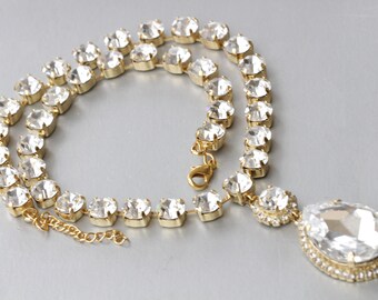 Crystal Statement Necklace, Gold Rhinestone Bridal Jewelry