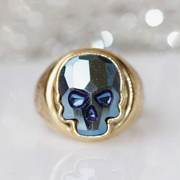 BLUE SKULL RING, Blue Crystal Ring,  Navy Ring, Gold Plated Ring, Sugar Skull Ring, Death Ring, Adjustable Ring, Ring For Woman