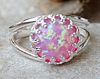 Pink Lab Opal kroonring, 925 sterlingzilver, geboortesteen oktober
