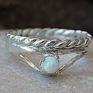 Opal Silver Ring, Gemstone Rope Ring, White Opal October Birthstone Ring,  925 Sterling Silver Opal Solitaire Ring. Mom Gift, Double Ring