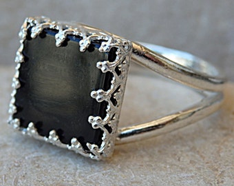 Black Square Onyx Ring, 925 Sterling Silver Onyx Ring, Big Black Stone Ring for Women Silver Onyx Ring, Black Onyx Ring, Square Cut Ring