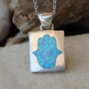 Blue opal silver 925 necklace pendant. Hamsa Protection necklace. Evil eye charm necklace. Delicate silver sterling hand with opal pendant.