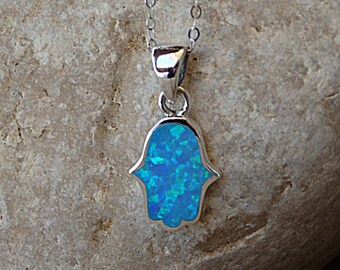 Blue Opal Hamsa Necklace, 925 Sterling Silver Pendant, Fatima Hand