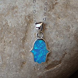Opal hamsa necklace, Blue opal hand necklace, 925 Sterling silver hamsa necklace, Hamsa pendant, Good luck necklace, Fatima&#39;s hand necklace