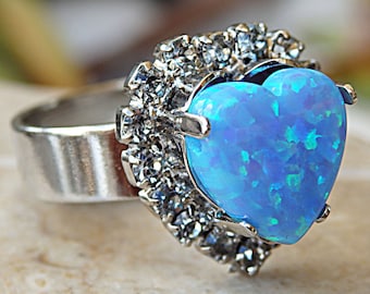 Heart Opal Ring, Silver or Gold Plated, Adjustable Size