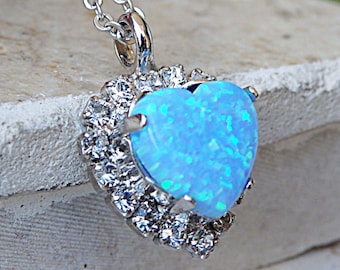 Silver Blue Opal Heart Necklace: Crystal Halo Pendant