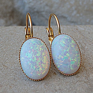 Bridal White Fire Opal Earrings for Bride Earrings, Oval Opal Earrings, October Birthstone Earrings, Leverback Gold Earrings, Opal Jewelry