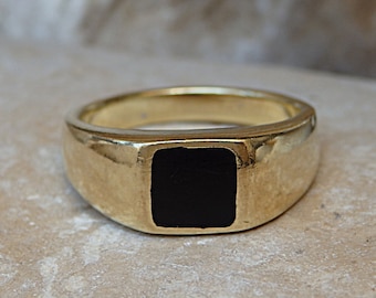 Anello a sigillo quadrato in onice, placcato oro 14 carati, unisex