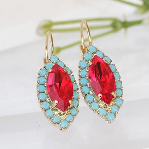 BLUE RED DROPS,  Bright Red Earrings, Marquise Shaped,Turquoise Earrings,Ruby Red Earrings,Bridal Earrings,Birthday Gift,Rhinestone Earrings
