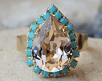 Pear Turquoise Ring, Adjustable Teardrop Ring, Gold Blush  Ring, Peach Crystal Ring, Gemstone Rhinestone Ring,Drop Shaped open Ring