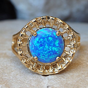 Solitaire opal ring. Turquoise opal ring, Blue opal ring, Fire opal ring, Round gemstone ring, October birthstone ring, Gold filled ring image 1