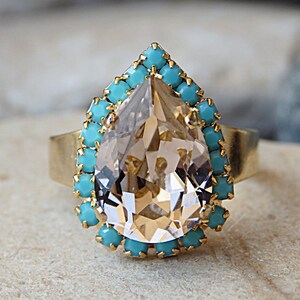 Pear Turquoise Ring, Adjustable Teardrop Ring, Gold Blush  Ring, Peach Crystal Ring, Gemstone Rhinestone Ring,Drop Shaped open Ring