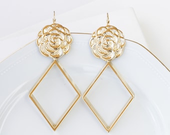 24K Gold Plated Statement Earrings, Geometric Flower Dangle
