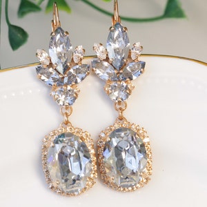 DUSTY BLUE EARRINGS, Bridal Blue Long Earrings, Bridal Rose Gold Earrings,  Crystals Jewelry For Bride Drop Earring, Unique Dangles