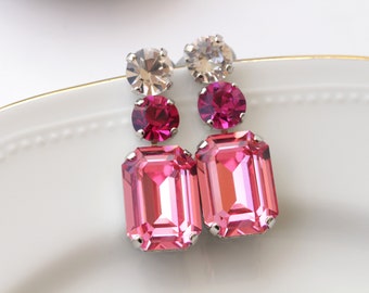 PINK FUCHSIA EARRINGS ,Pink Bridal Long Earrings, Bridesmaids Earrings, Gift For her, Octagon earrings, Light and Dark Pink Crystal Earrings