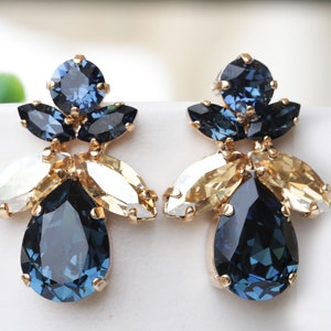 Navy Blue Crystal Bridal Earrings: Formal Clusters,Evening Stud Earrings, Bridesmaid Studs