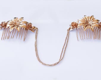 Rose Gold Bridal Hair Chain: Floral Comb Hair Jewelry