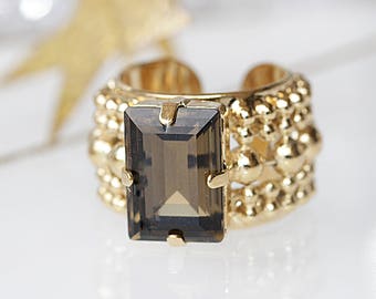 Brown Stone Ring: Smokey Quartz Ring ,Rectangular Crystal Ornament