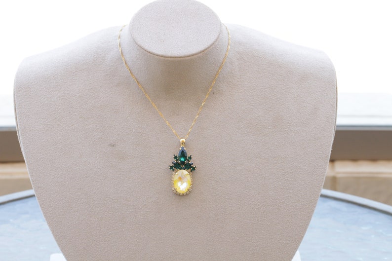 Pineapple Necklace, Pendant Necklace, Pineapple Statement, Fruit Jewelry, Earring Gifts for Mother, Yellow Green Emerald Necklace image 3