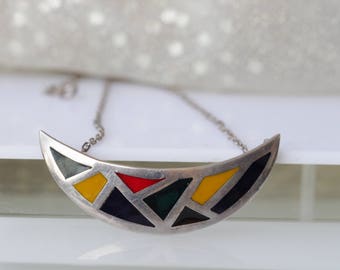 MULTI COLOR PENDANT, Sterling Silver Necklace, Unique Enamel Necklace, Modern Necklace For Woman Gift, Rainbow Enamel Necklace,Ooak Necklace
