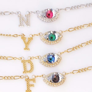 Collar de ojos personalizado, cartas joyería personalizada, collar de ojos malvados, collar de letras laterales, collar, regalo de personalidad dama de honor