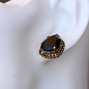 Stud Earrings. Black Crystal & Gold Earrings. Drop Shape Stud Earrings. Gift for Women ,Teardrop Black dress Jewelry. Black Stone Earrings, image 2