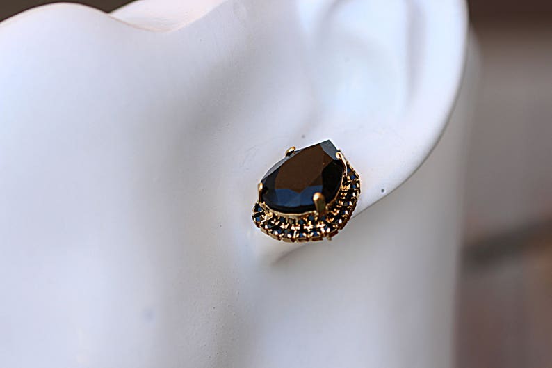 Stud Earrings. Black Crystal & Gold Earrings. Drop Shape Stud Earrings. Gift for Women ,Teardrop Black dress Jewelry. Black Stone Earrings, image 2