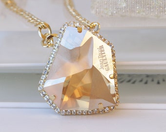Rose Gold Champagne Crystal Necklace, Rhinestone Bridal Pendant