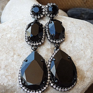 BLACK EARRINGS, Black Crystal  Earrings, Black Elegant Jewelry, Bridesmaids Black Earrings, Long Dangle Earrings, Prom Earrings